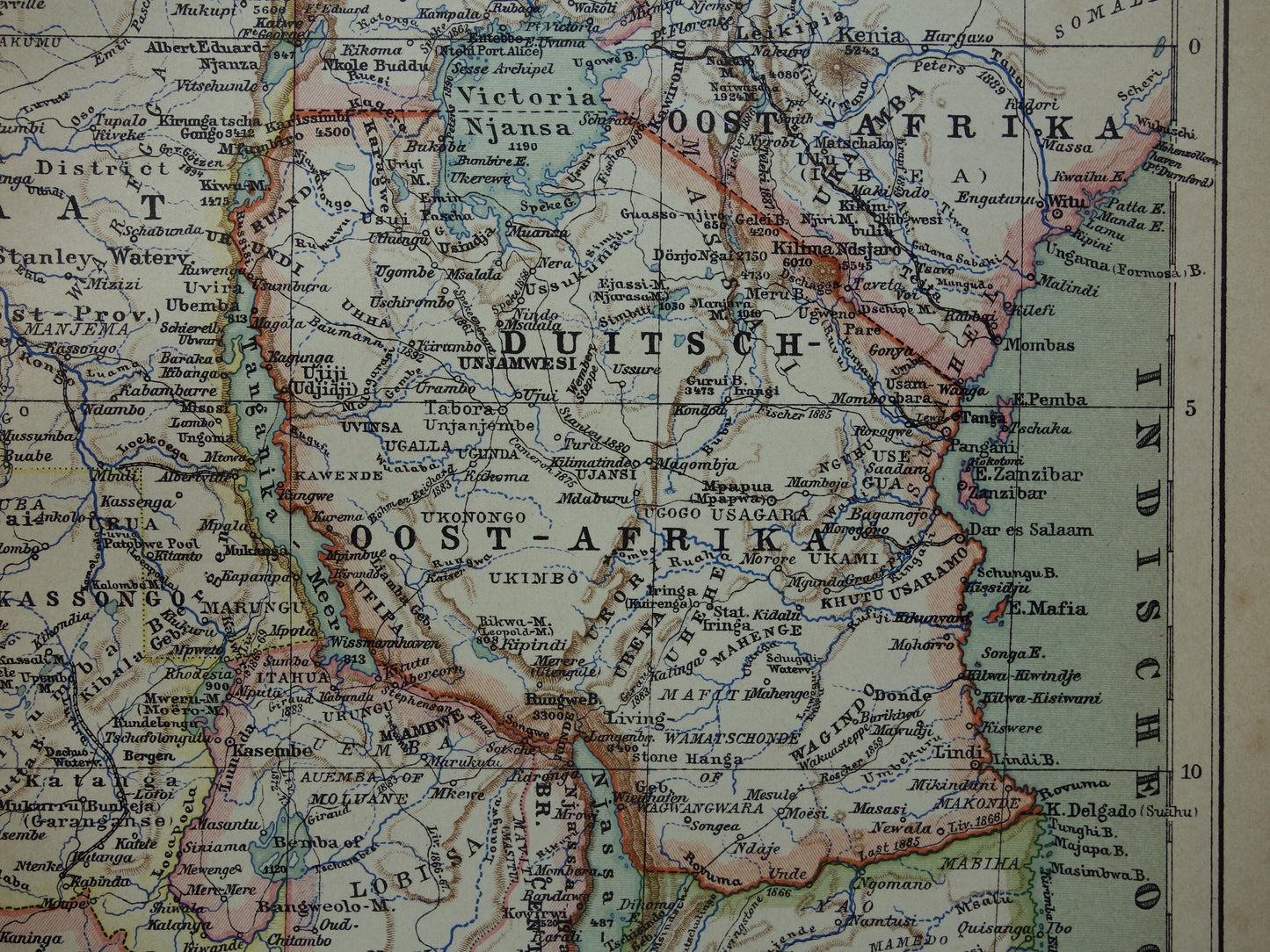 Oude kaart van Centraal Afrika uit 1905 originele landkaart van Midden-Afrika Kongo Angola Tanzania historische vintage print