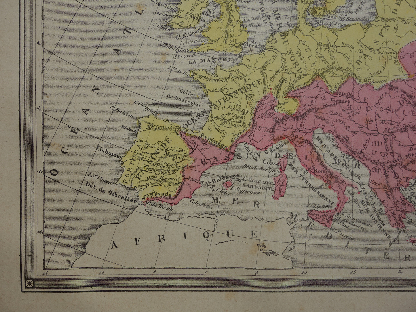 Oude kaart van rivieren in Europa uit 1877 originele antieke handgekleurde landkaart vintage geologie kaarten