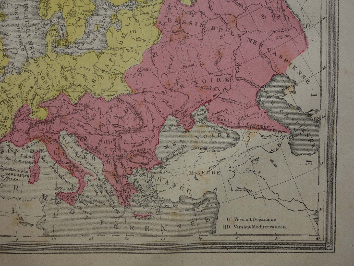 Oude kaart van rivieren in Europa uit 1877 originele antieke handgekleurde landkaart vintage geologie kaarten
