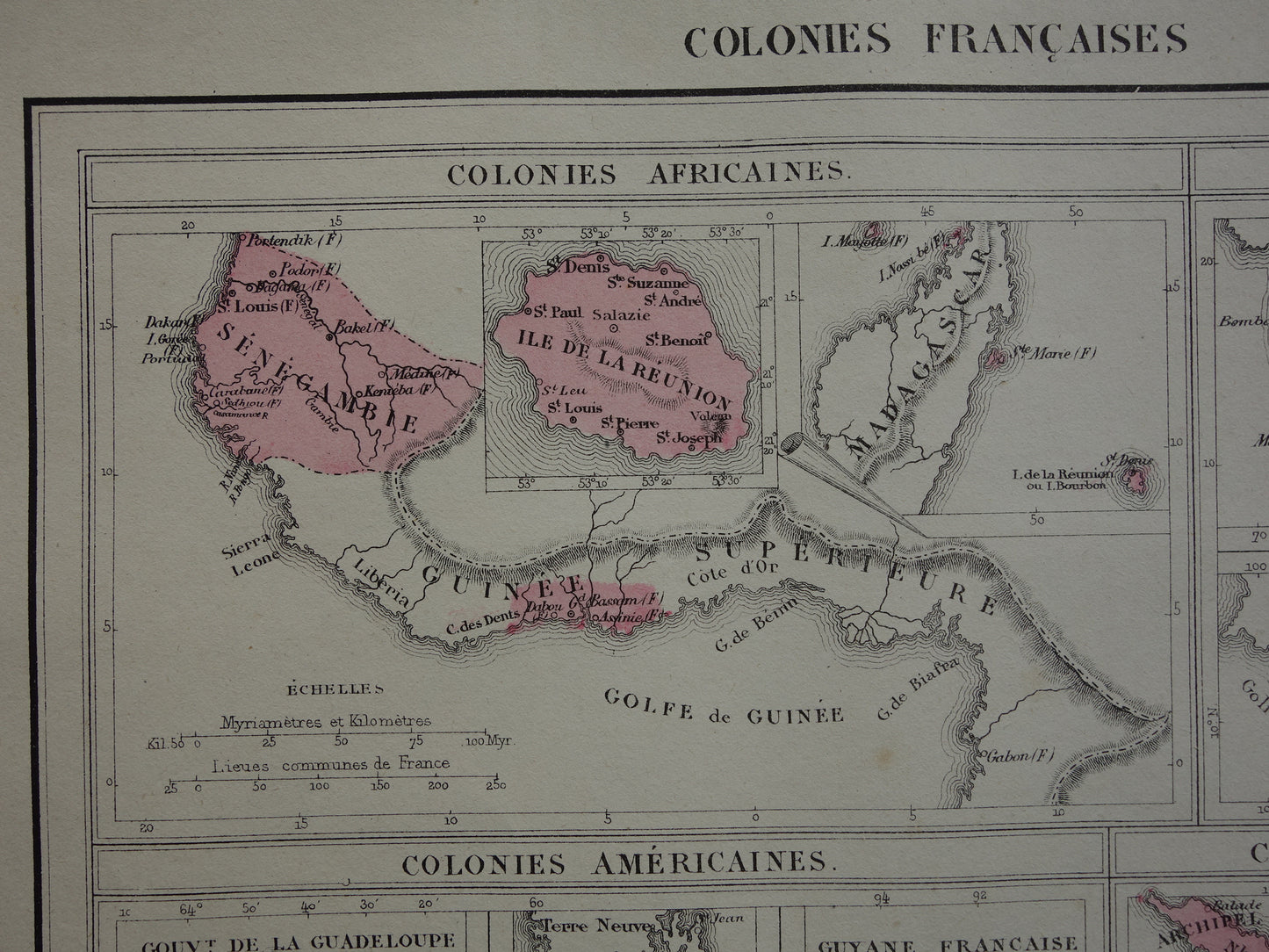 Oude kaart van Franse Koloniën uit 1877 originele 145+ jaar oude handgekleurde landkaart Kolonie Frankrijk