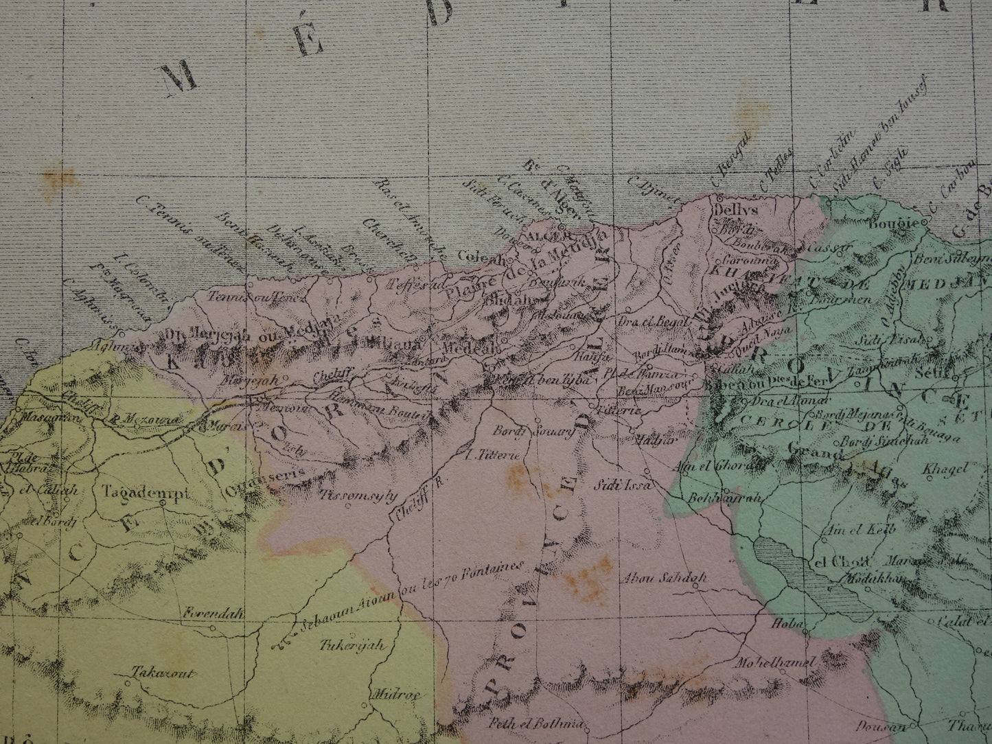 Antieke Franse landkaart van Algerije uit 1877 originele 145+ jaar oude handgekleurde kaart