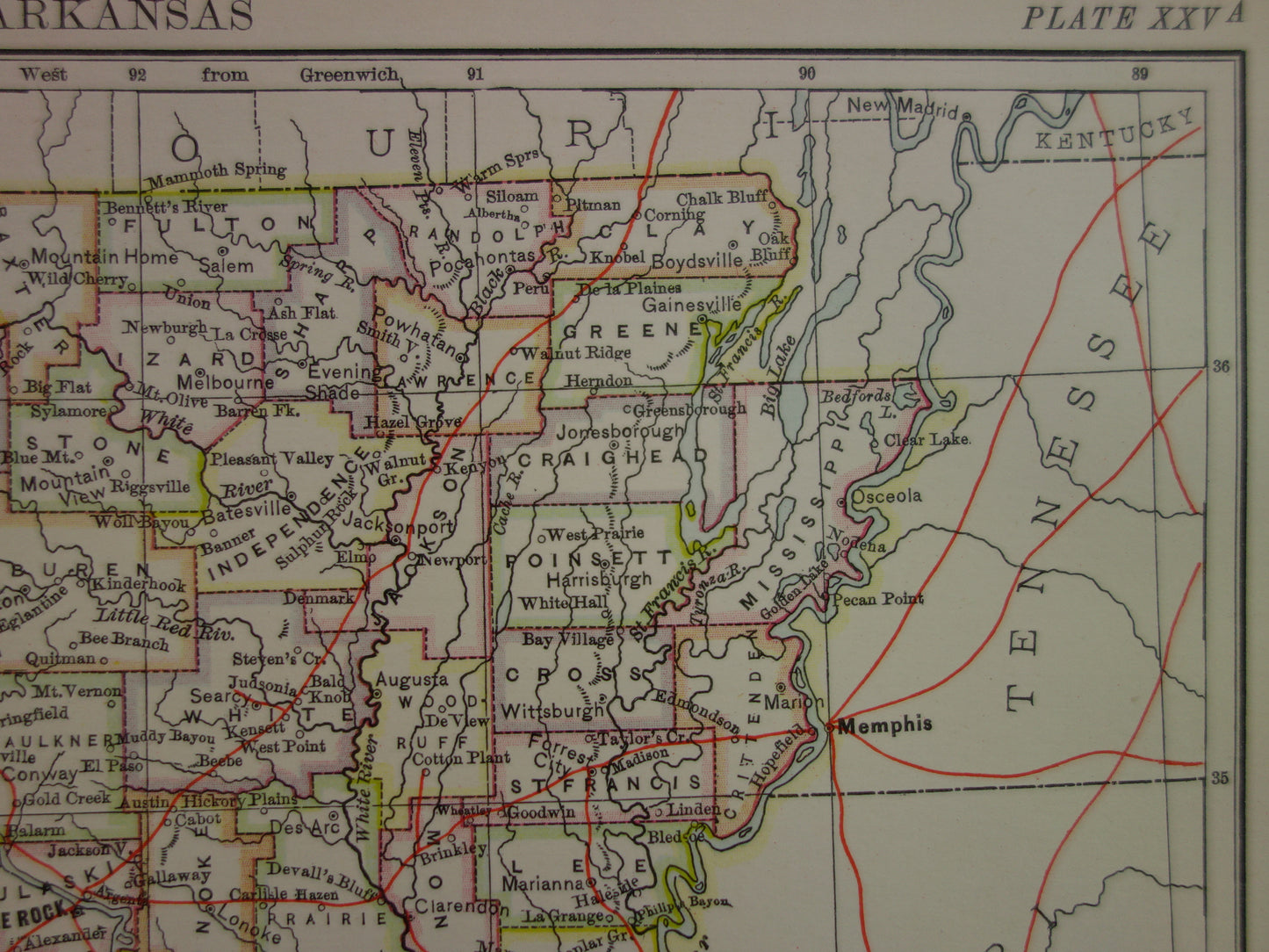 ARKANSAS Antieke landkaart van de staat Arkansas 1875 originele oude kaart Little Rock Fayetteville Fort Smith Hot Springs Colchester VS te koop Verenigde Staten