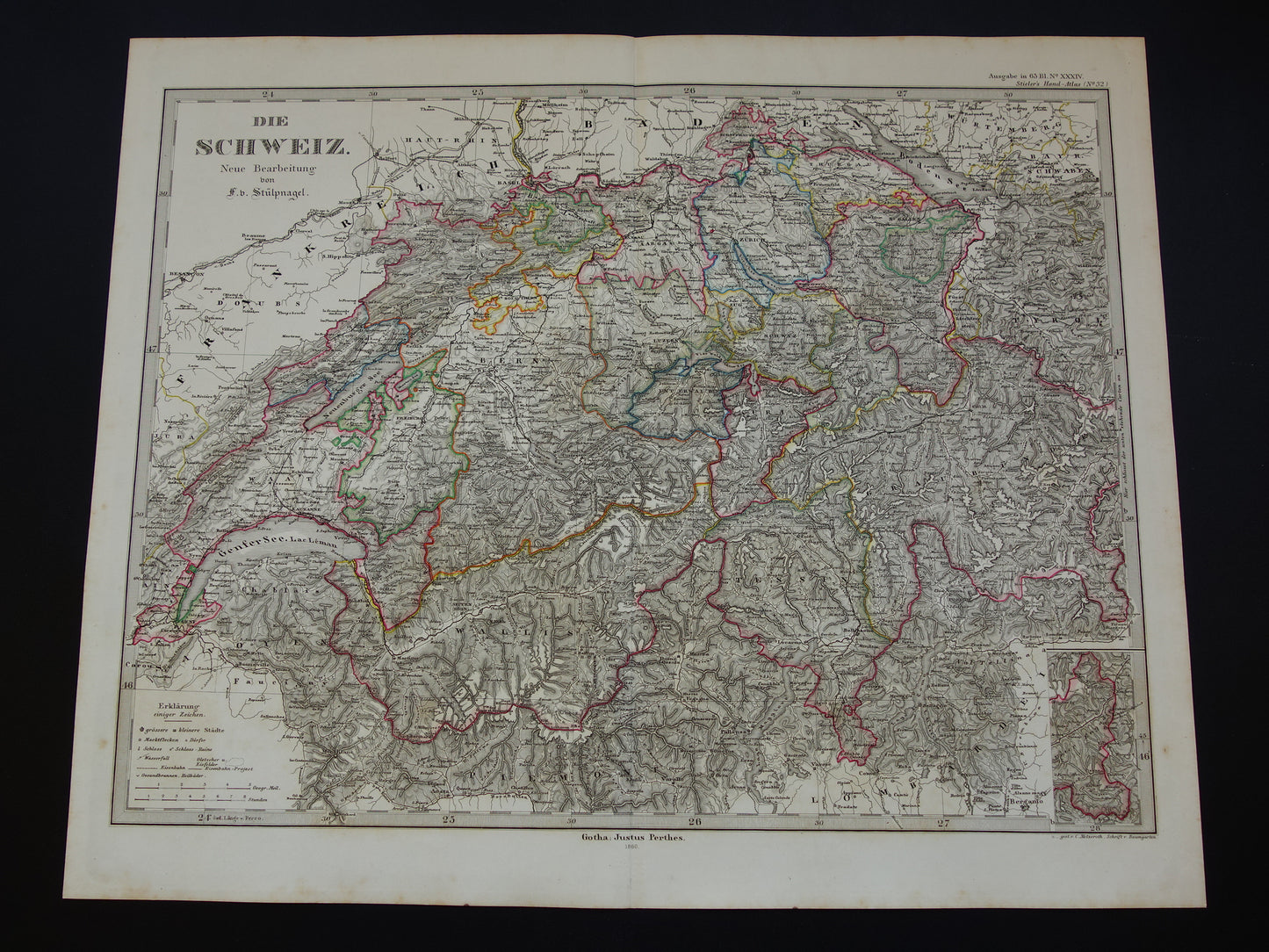 ZWITSERLAND antieke landkaart van Zwitserland 1863 originele oude kaart Geneve Zürich Bern met jaartal te koop