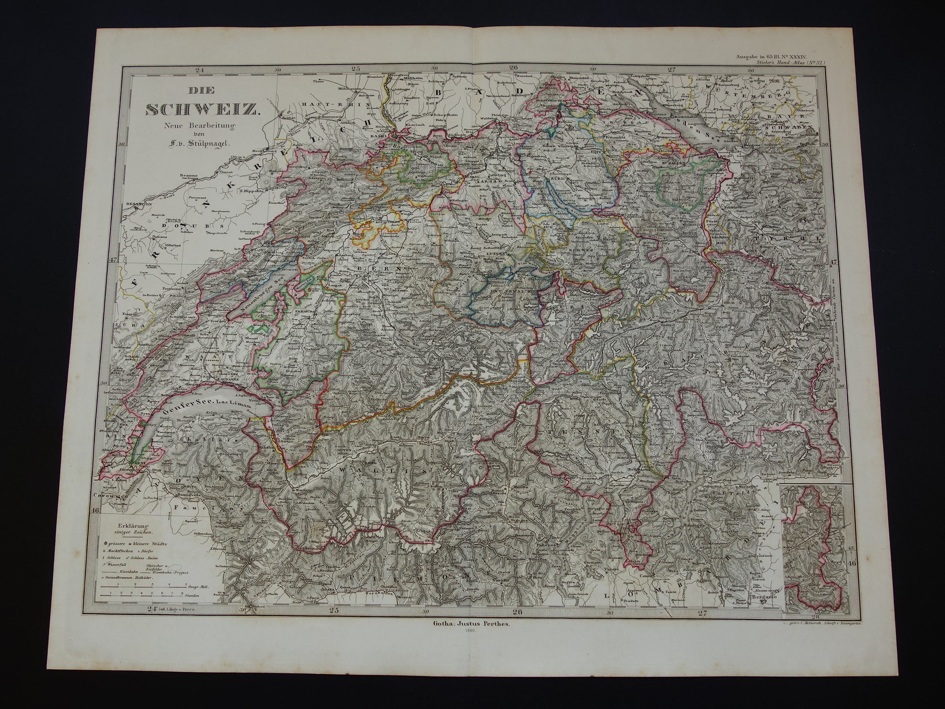 ZWITSERLAND antieke landkaart van Zwitserland 1863 originele oude kaart Geneve Zürich Bern met jaartal te koop