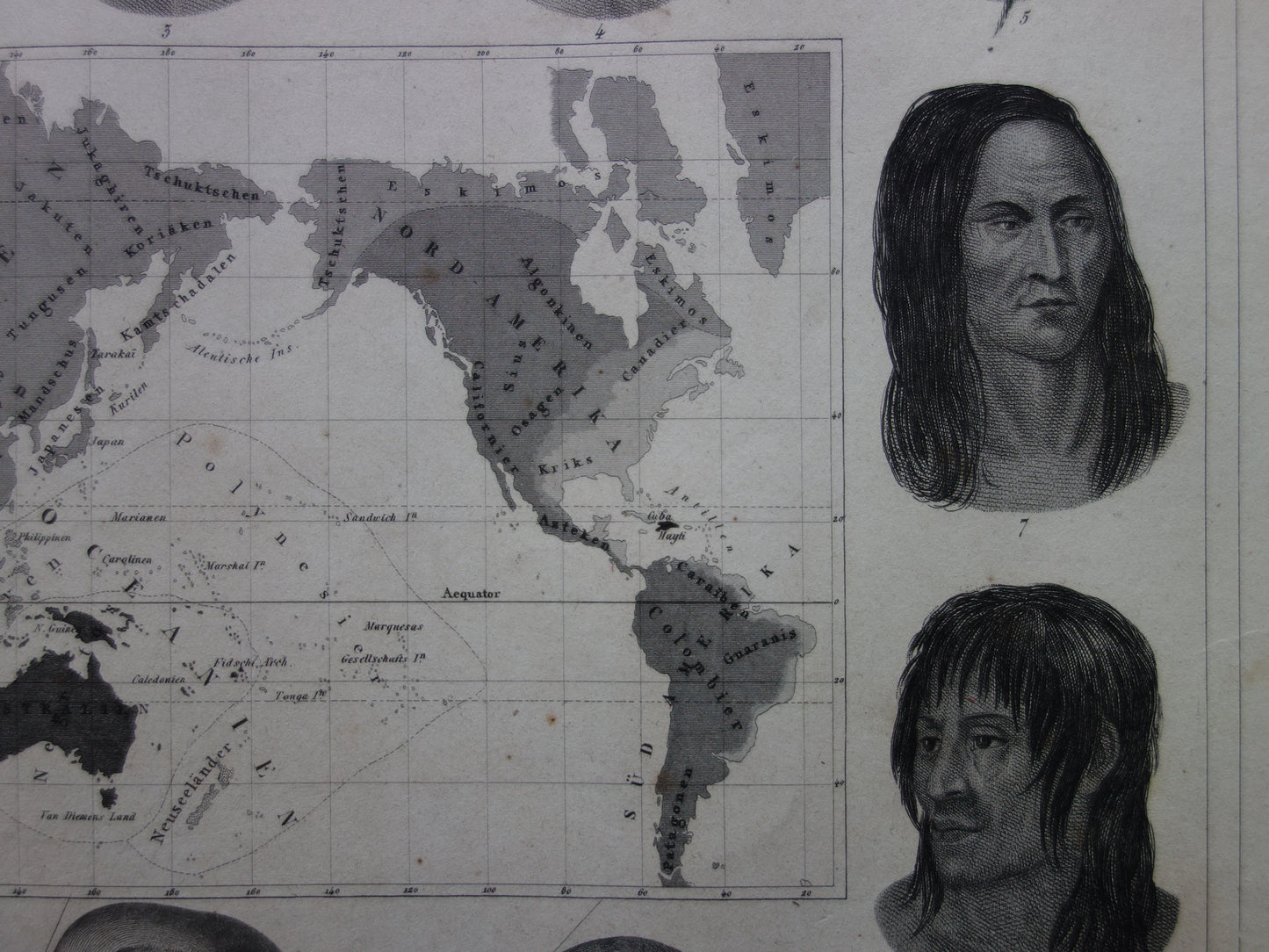 Vintage WERELDKAART oude kaart van de Wereld uit 1849 Antieke print Antropologie Menselijke Rassen