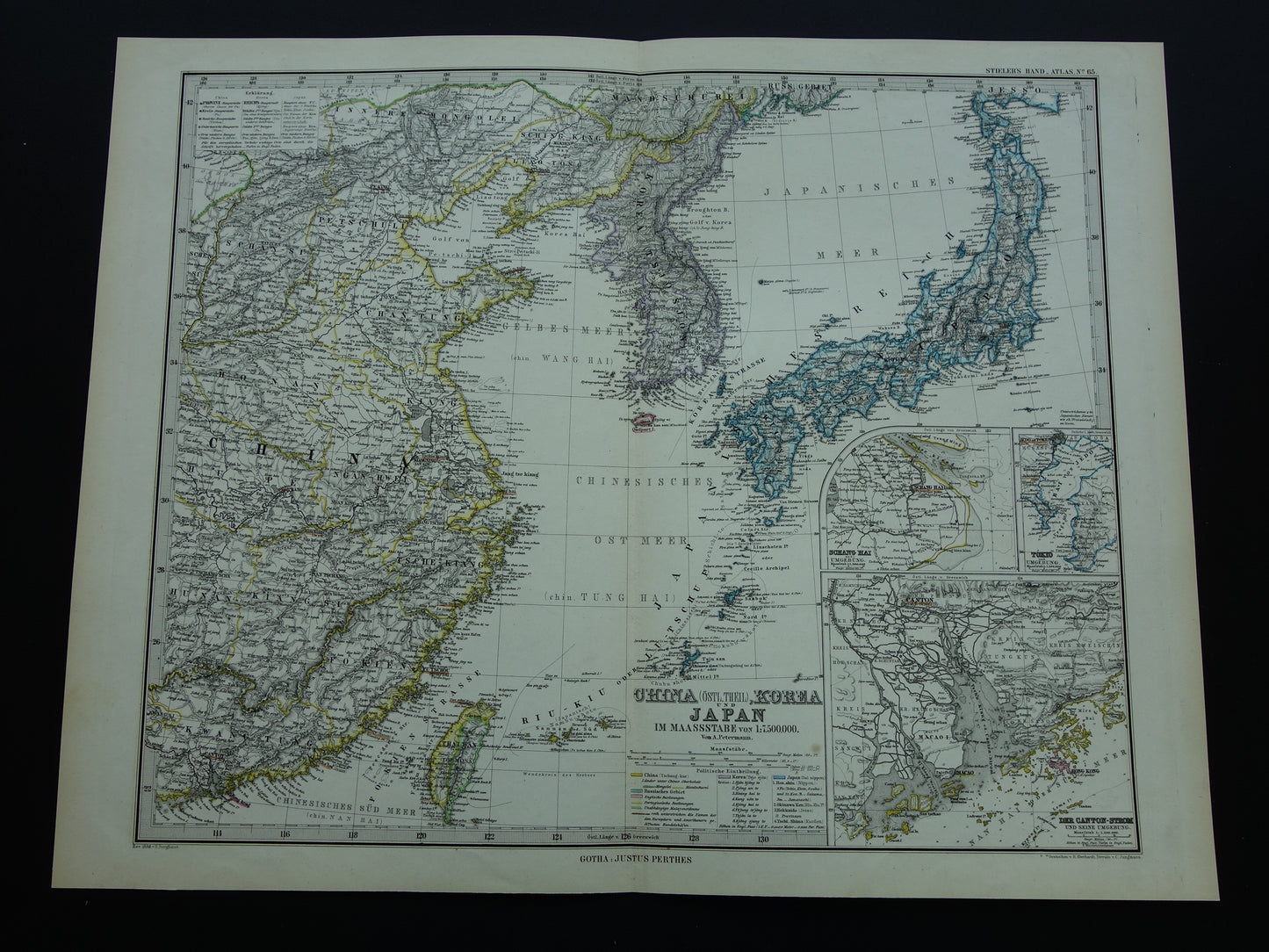 CHINA KOREA JAPAN oude gedetailleerde kaart uit 1886 originele antieke landkaart vintage poster Tokio Guangzhou Shanghai Taiwan