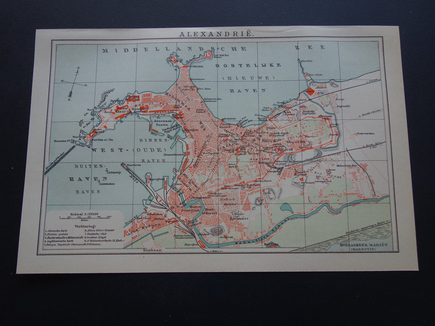 Oude kaart van Alexandrië uit 1905 originele Nederlandse antieke plattegrond vintage kaarten Egypte