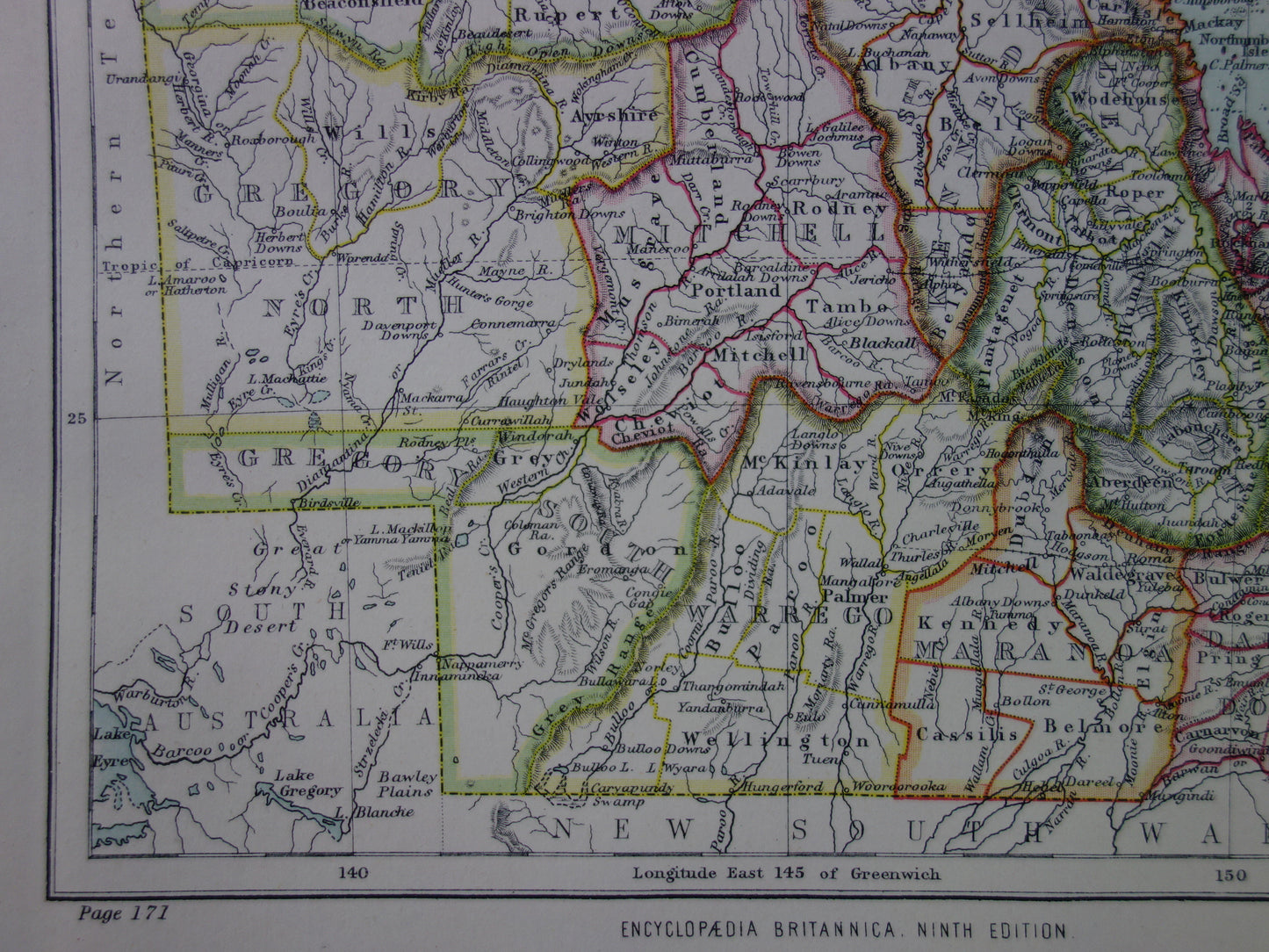 QUEENSLAND oude kaart van QLD Australië 1886 originele antieke Engelse landkaart Brisbane