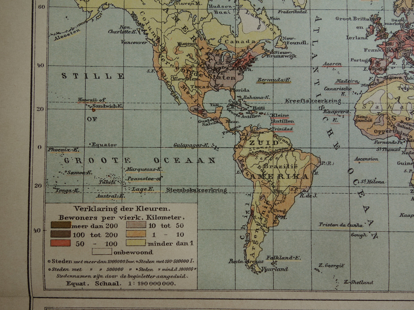Oude wereldkaart bevolkingsdichtheid en religie 1905 originele antieke Nederlandse kaart van de wereld
