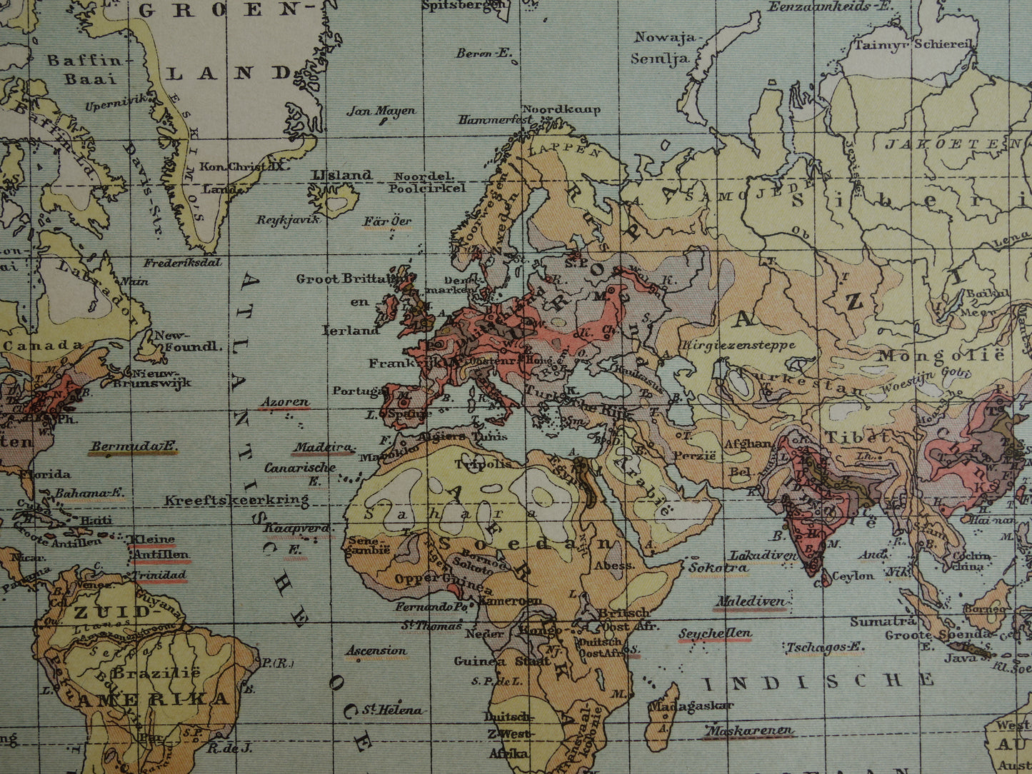 Oude wereldkaart bevolkingsdichtheid en religie 1905 originele antieke Nederlandse kaart van de wereld