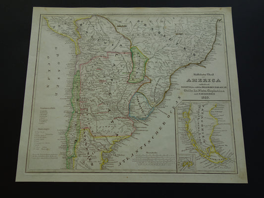 Oude landkaart van Zuid-Amerika met Patagonië uit 1850 originele antieke kaart Argentinië Chili Uruguay Paraguay met jaartal
