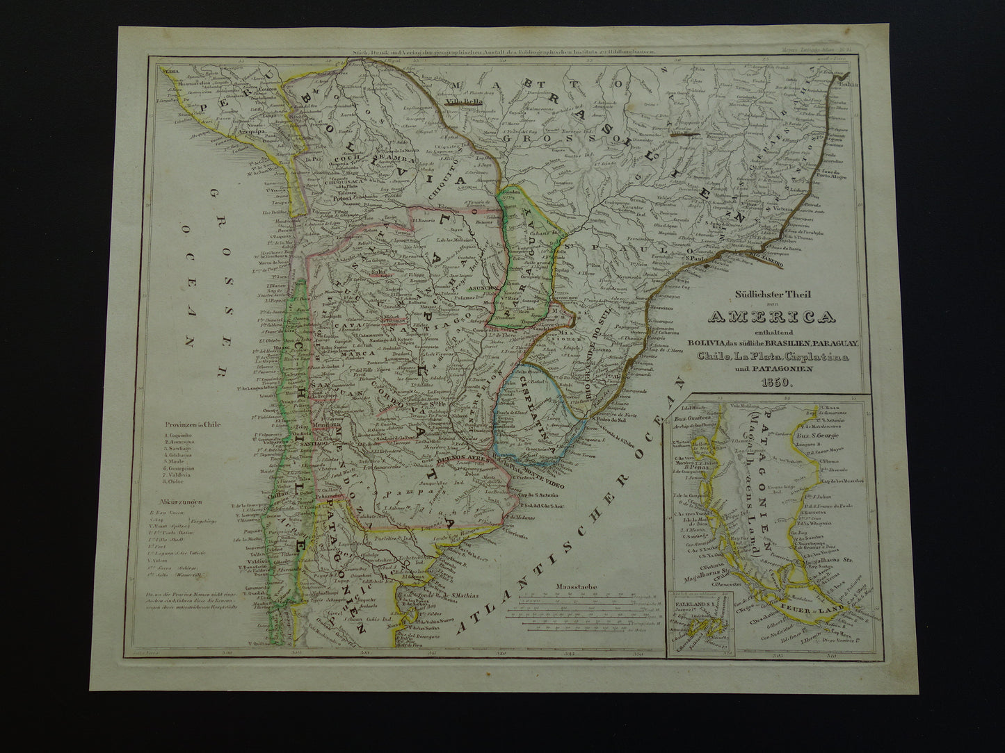 Oude landkaart van Zuid-Amerika met Patagonië uit 1850 originele antieke kaart Argentinië Chili Uruguay Paraguay met jaartal