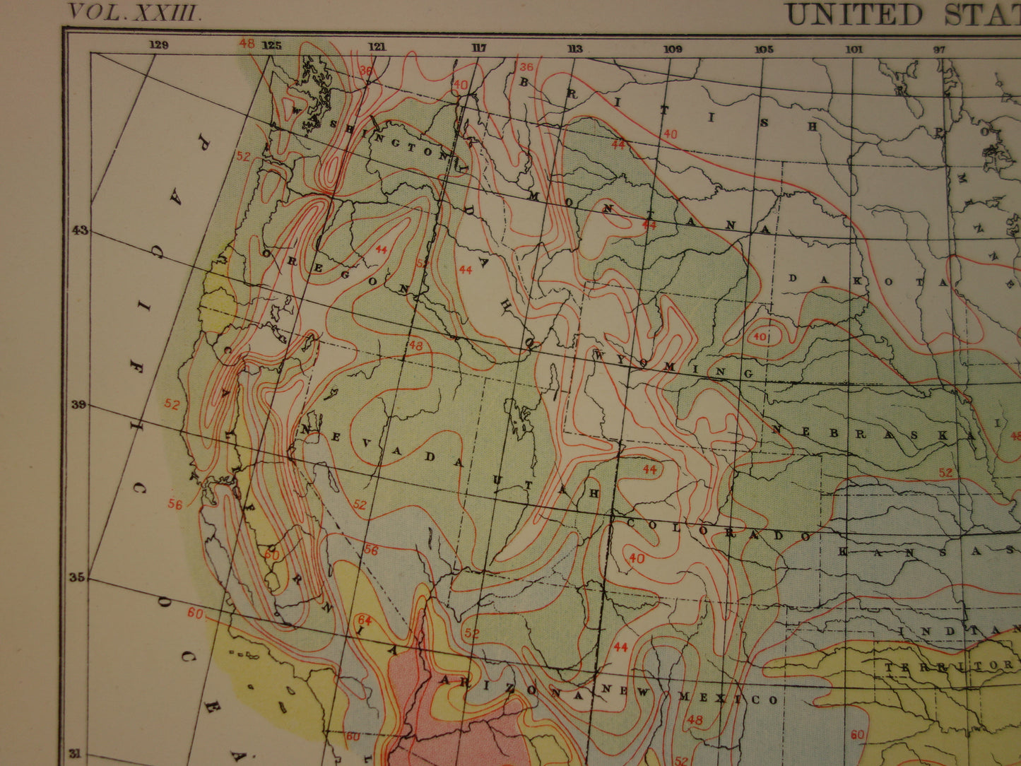 VERENIGDE STATEN Oude regen- en temperatuur kaart van de VS uit 1888 originele antieke klimaatkaart over neerslag - vintage meteorologie print poster van Amerika
