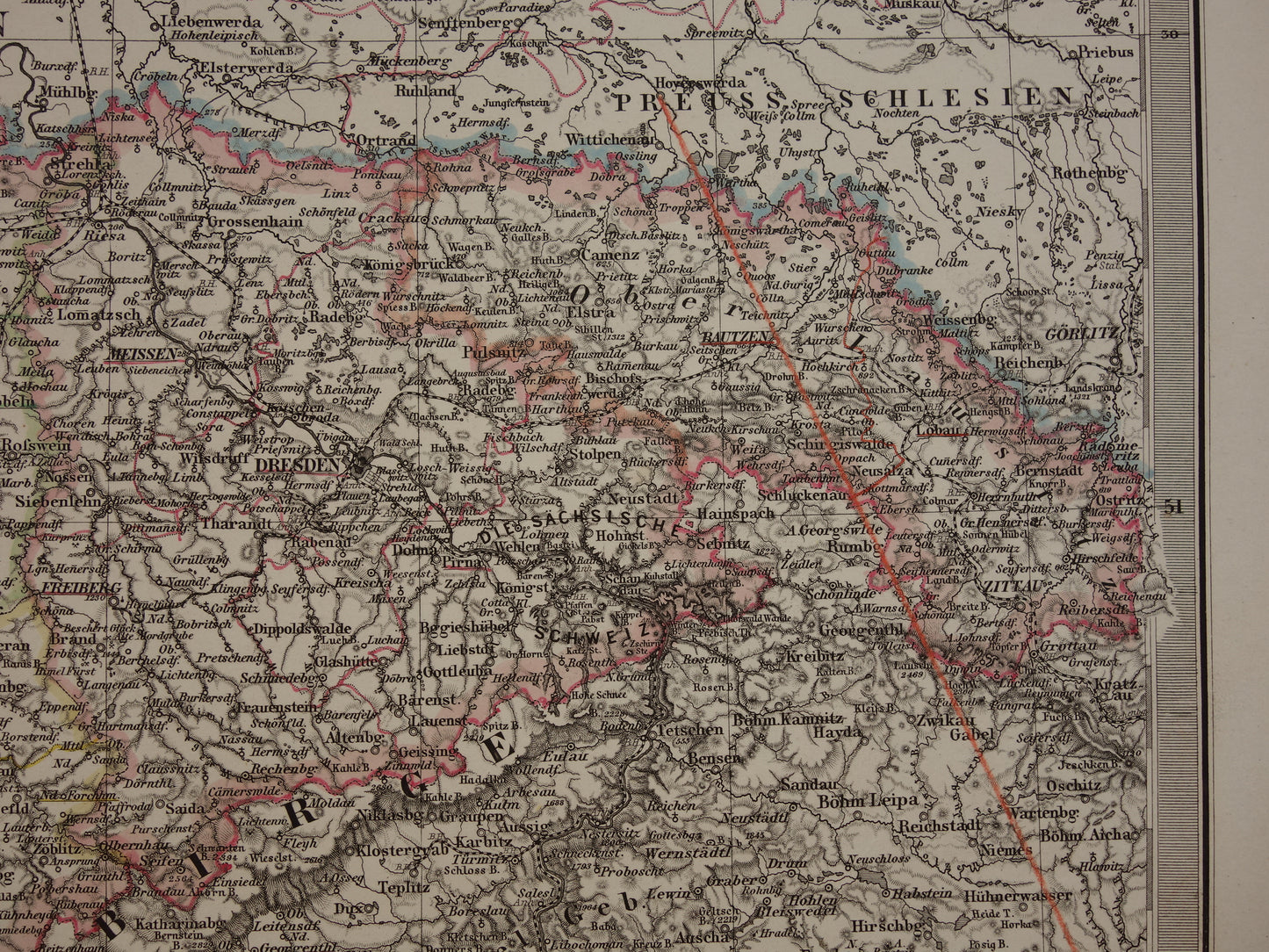DUITSLAND Oude kaart van vrijstaat Thüringen en Saksen 1863 originele grote antieke landkaart