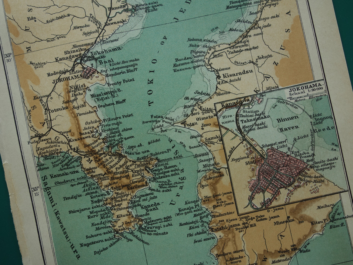 Oude kaart van Tokyo Yokohama Japan originele kleine antieke Nederlandse landkaart baai van Tokio