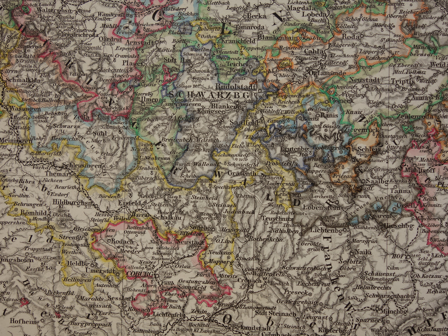 DUITSLAND Oude kaart van vrijstaat Thüringen en Saksen 1863 originele grote antieke landkaart