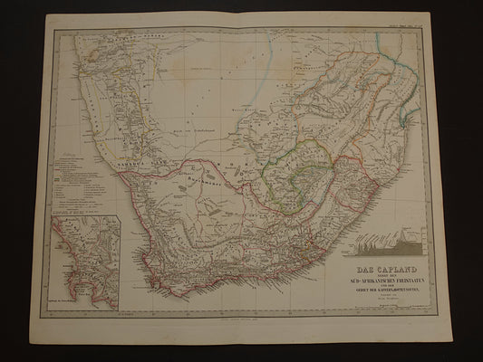Antieke landkaart van Zuid-Afrika in 1863 Grote originele 155+ jaar oude kaart van Oranje Vrijstaat Namibië Botswana Kaapland Transvaal