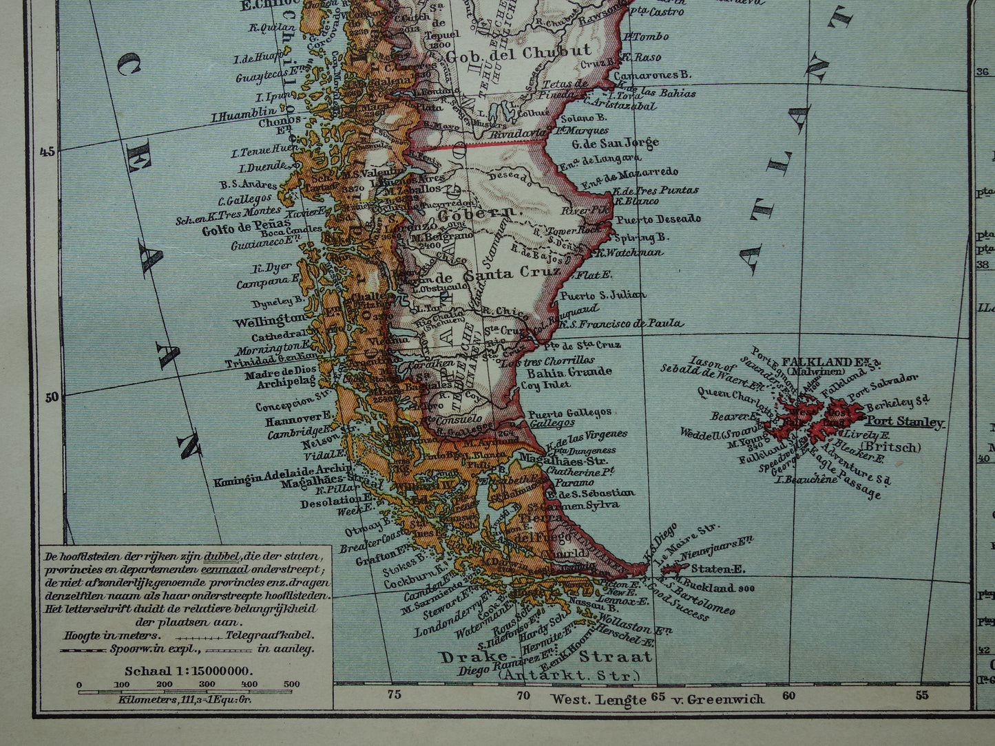 Oude landkaart van Argentinië Chili Uruguay gedetailleerde vintage kaart uit 1909 Origineel antieke Nedelandse kaarten