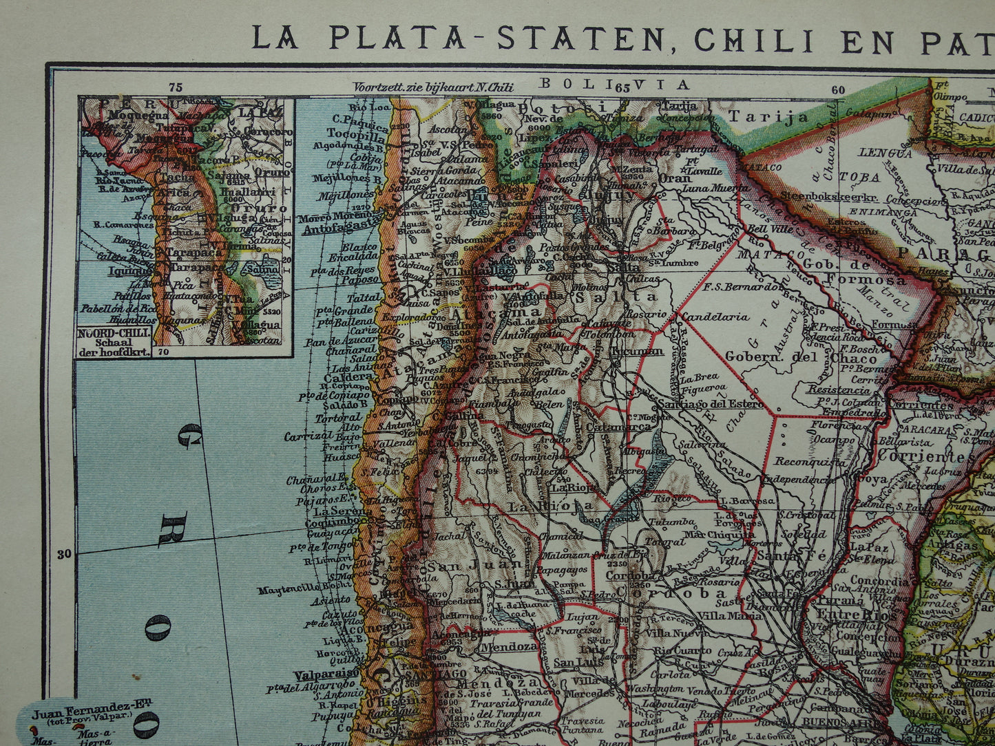 Oude landkaart van Argentinië Chili Uruguay gedetailleerde vintage kaart uit 1909 Origineel antieke Nedelandse kaarten