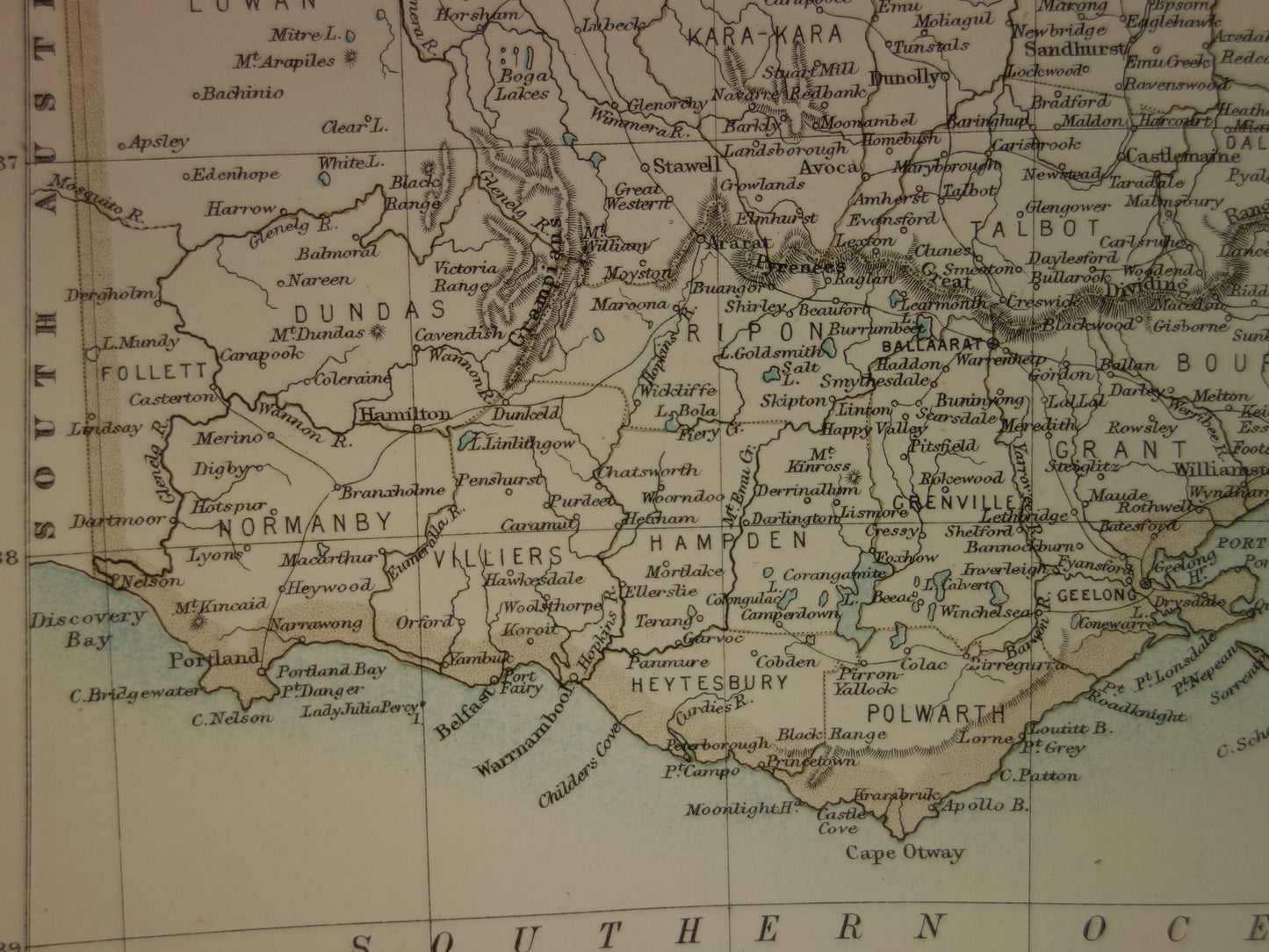 Antieke landkaart van de staat Victoria in Australië 1888 originele oude kaart Melbourne Vic te koop