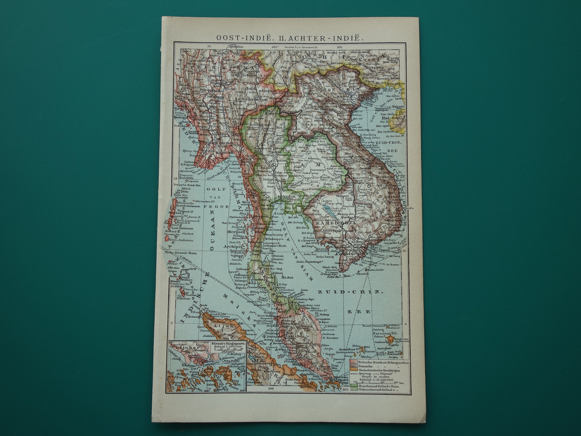 Oude kaart van zuidoost Azië uit 1910 originele antieke Nederlandse landkaart Thailand Vietnam Cambodja Maleisië