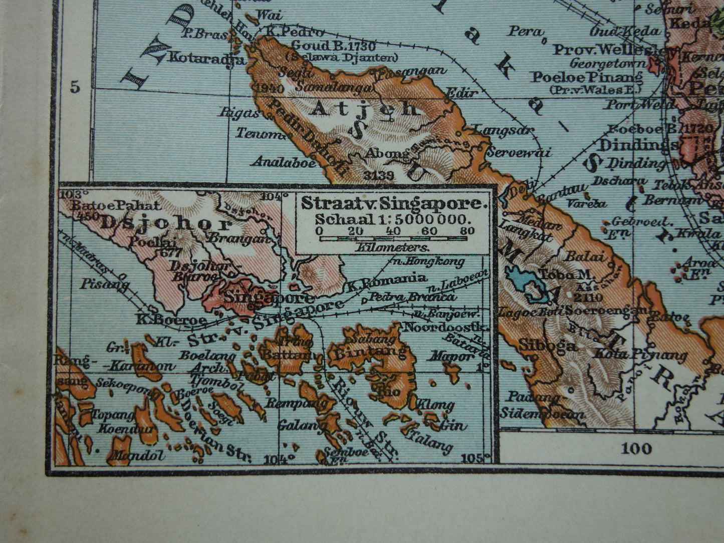 Oude kaart van zuidoost Azië uit 1910 originele antieke Nederlandse landkaart Thailand Vietnam Cambodja Maleisië