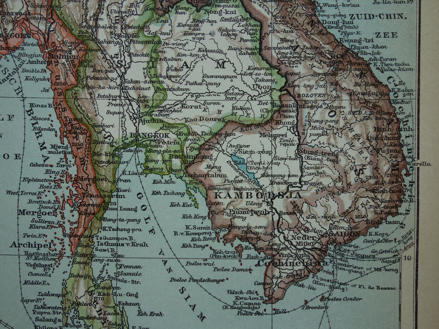 Oude kaart van zuidoost Azië uit 1910 originele antieke Nederlandse landkaart Thailand Vietnam Cambodja Maleisië