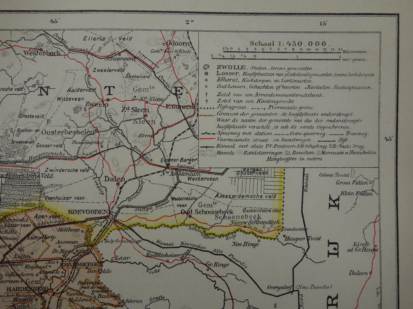 Overijssel Oude landkaart van de provincie Overijssel uit 1910 originele antieke kaart Deventer Zwolle