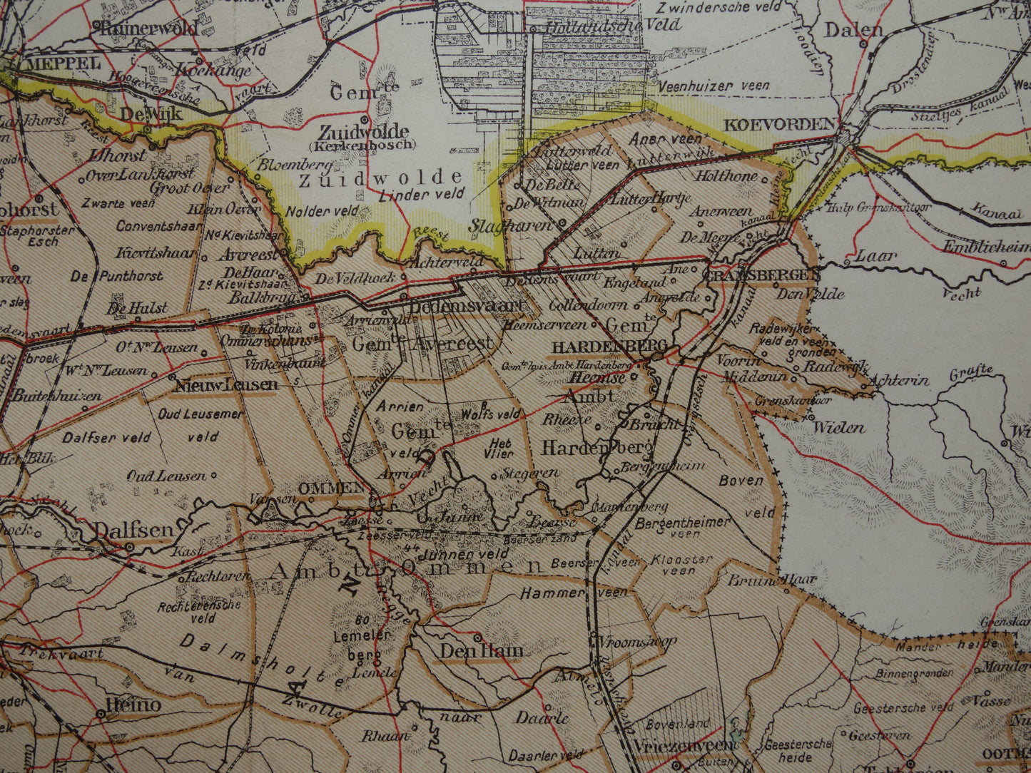 Overijssel Oude landkaart van de provincie Overijssel uit 1910 originele antieke kaart Deventer Zwolle