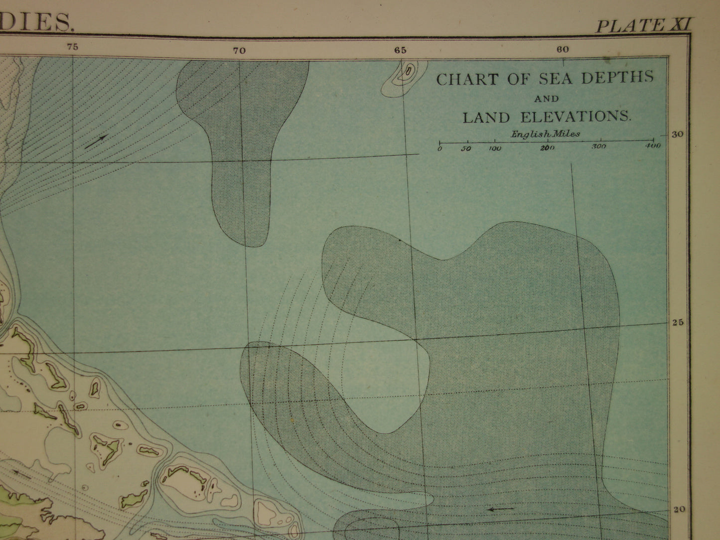 Oude hoogtekaart van het Caraïbisch gebied 1888 originele antieke kaart/landkaart Caraïben dieptekaart Caribische zee