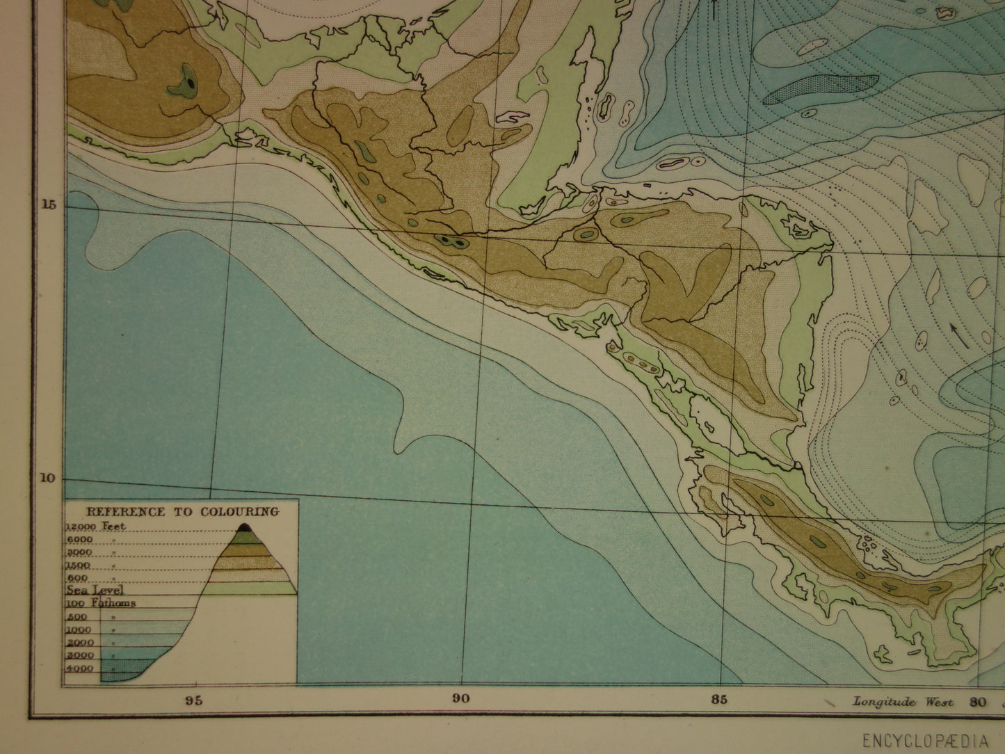 Oude hoogtekaart van het Caraïbisch gebied 1888 originele antieke kaart/landkaart Caraïben dieptekaart Caribische zee