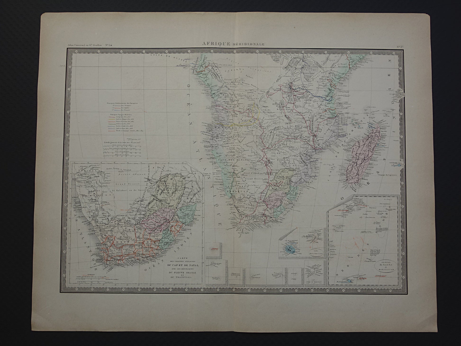 Zuid-Afrika oude landkaart van Natal Transvaal Madagascar uit 1876 originele antieke kaart Oranje Vrijstaat Livingstone ontdekkingsreizigers vintage poster