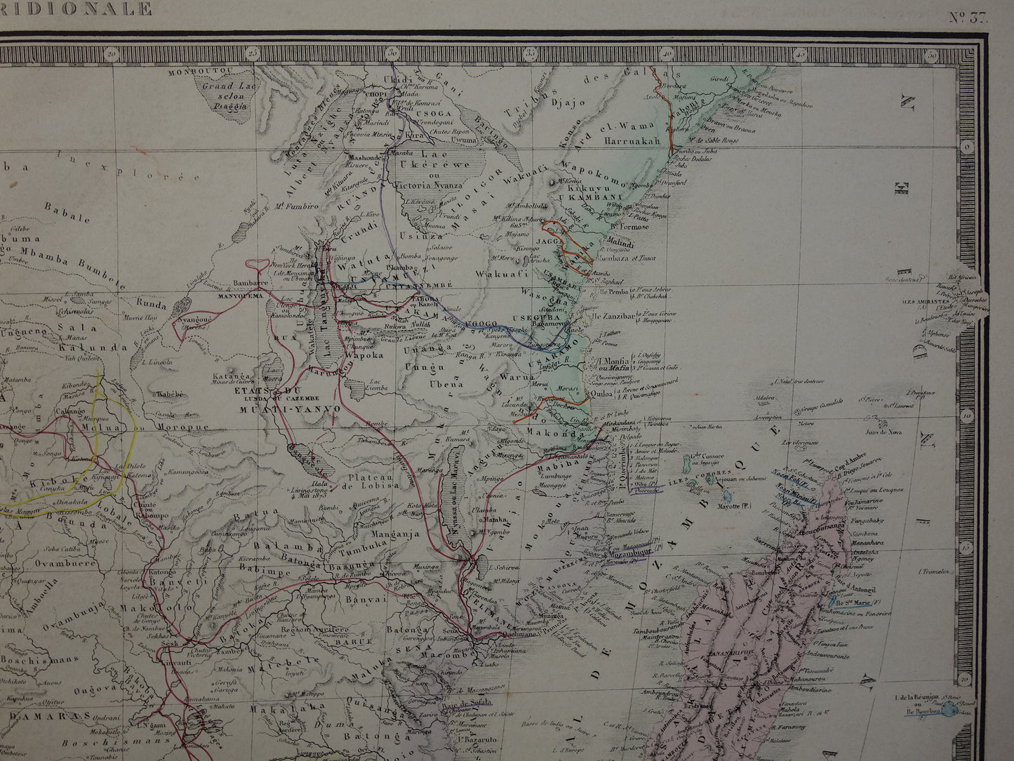 Zuid-Afrika oude landkaart van Natal Transvaal Madagascar uit 1876 originele antieke kaart Oranje Vrijstaat Livingstone ontdekkingsreizigers vintage poster
