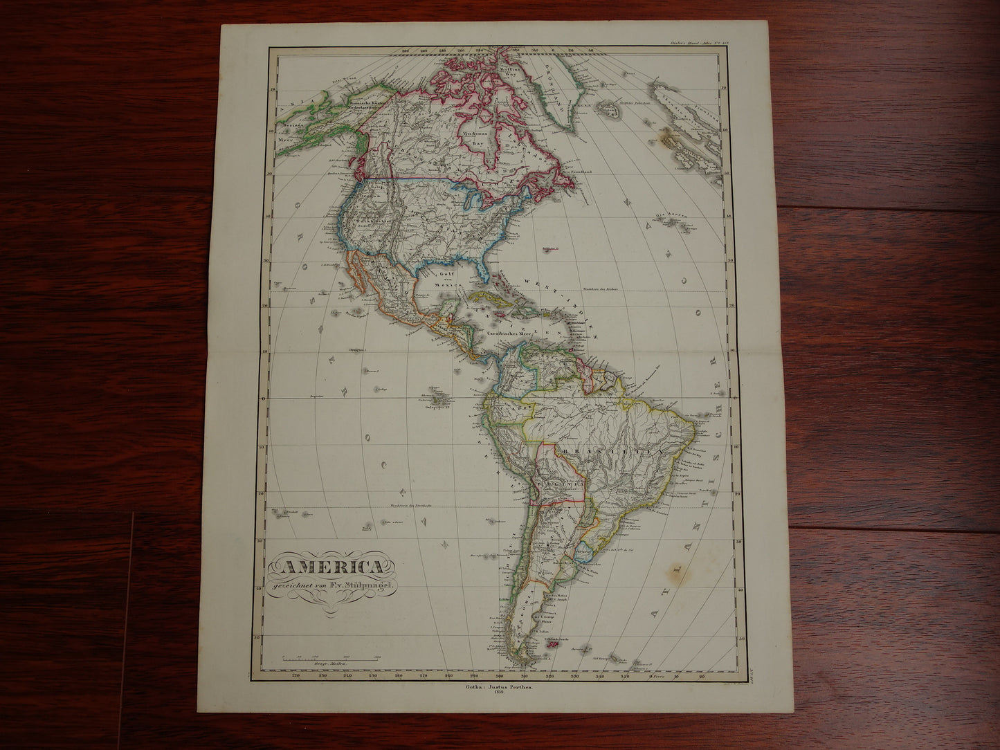 Grote oude kaart van Noord- en Zuid-Amerika in 1859 originele antieke Duitse landkaart VS Patagonië Canada vintage poster continent