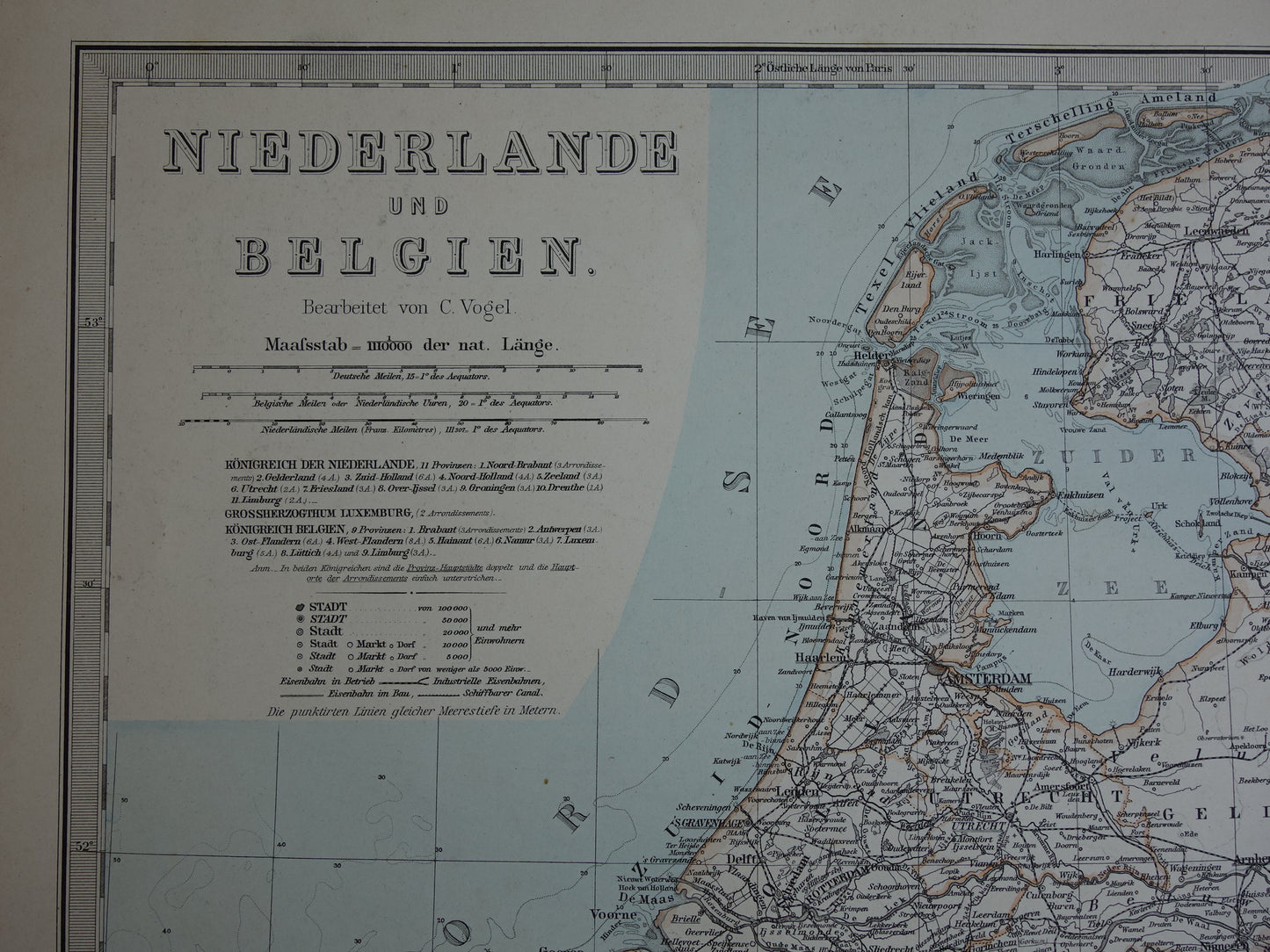 Oude landkaart van NEDERLAND en BELGIË in 1886 Antieke Duitse kaart Benelux vintage poster met jaartal