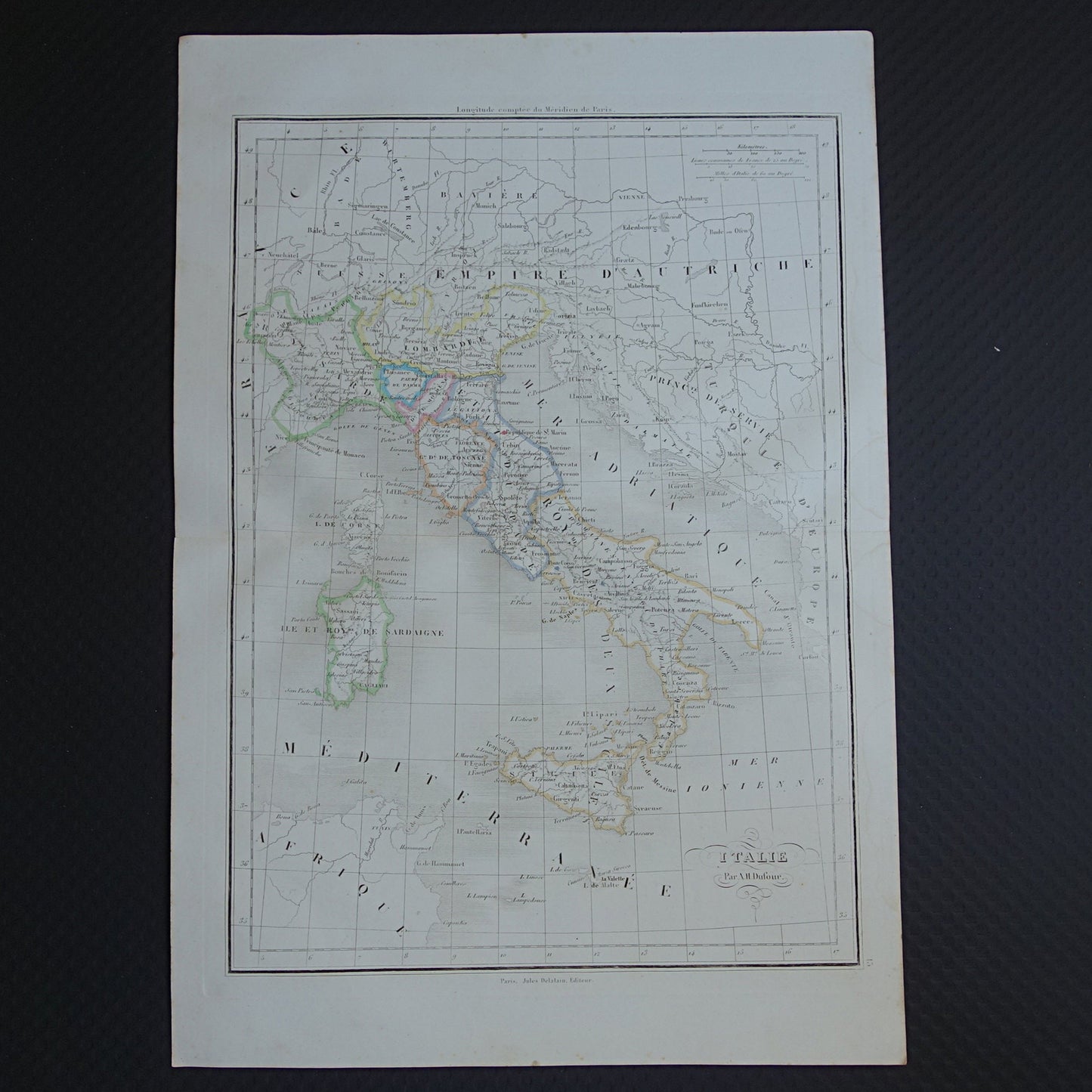 ITALIË Oude kaart van Italië uit 1849 originele 170+ jaar oude handgekleurde Franse landkaart