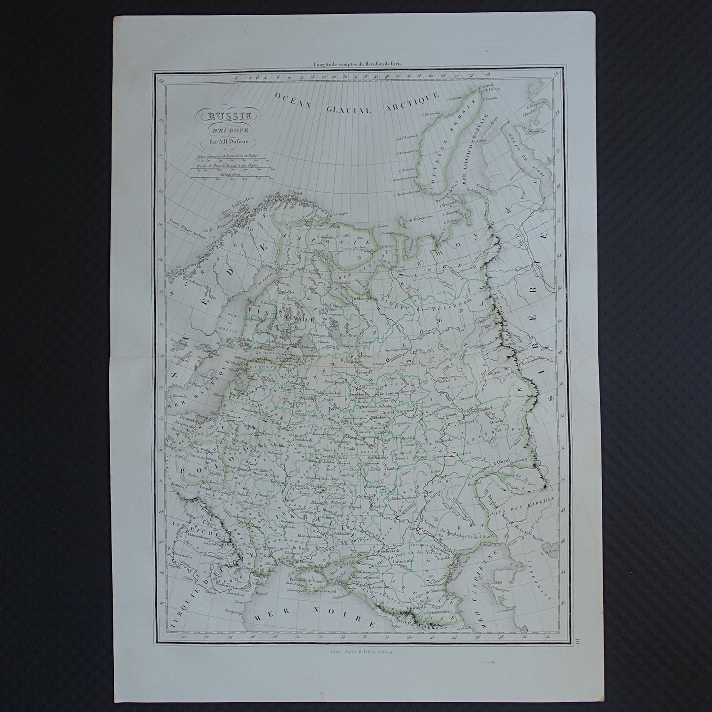 RUSLAND Oude kaart van Europees Rusland uit 1849 originele 170+ jaar oude handgekleurde Franse landkaart Russische Rijk in Europa