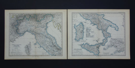 135+ jaar oude kaart van Italië - Handgekleurde origineel antieke landkaart met jaartal