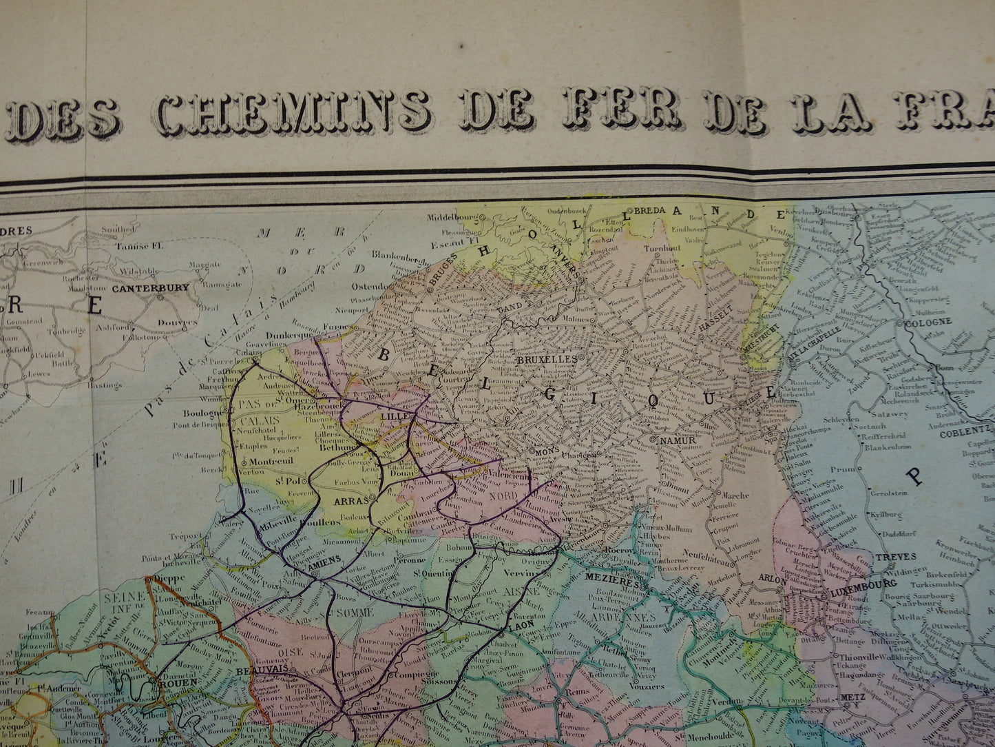 Grote oude kaart van Spoorwegen in Europa BESCHADIGD 1875 originele antieke oude landkaart spoorlijnen centraal Europa spoorkaart