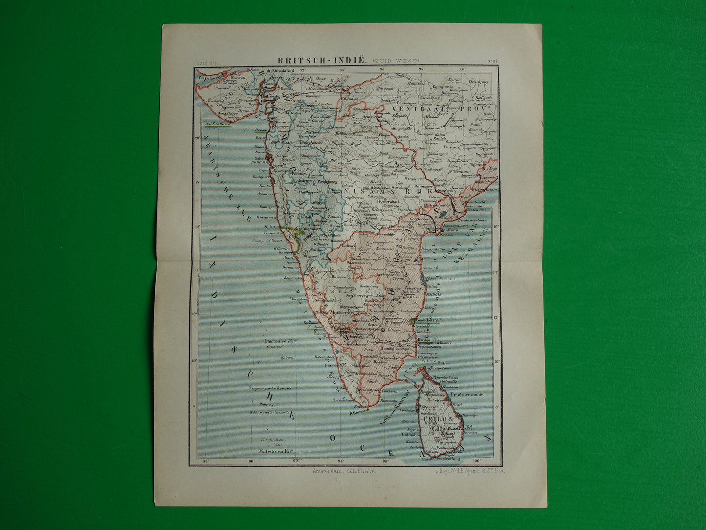 INDIA oude landkaart originele antieke Kuyper kaart uit 1882 van zuid India en Sri Lanka vintage kaarten Ceylon Brits India