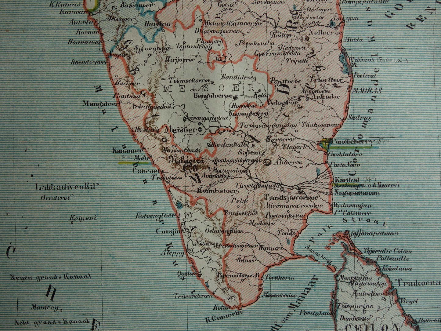 INDIA oude landkaart originele antieke Kuyper kaart uit 1882 van zuid India en Sri Lanka vintage kaarten Ceylon Brits India