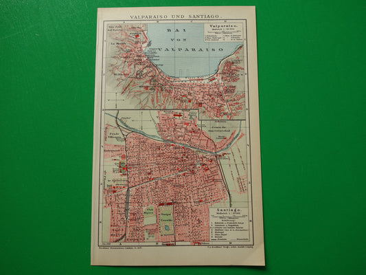 Valparaiso en Santiago Brazilië oude kaart plattegrond 1908 originele antieke kaarten