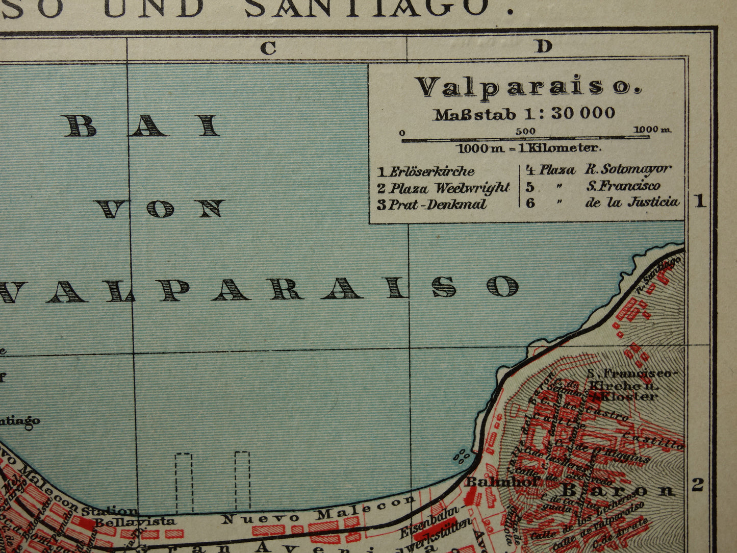 Valparaiso en Santiago Brazilië oude kaart plattegrond uit het jaar 1908 originele antieke kaarten