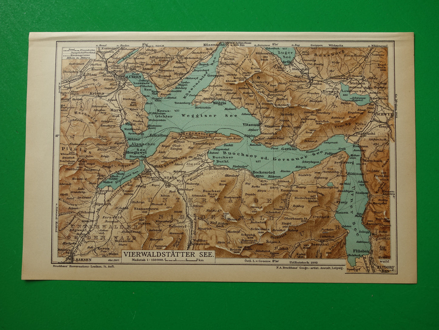 Vierwaldstättersee oude kaart uit het jaar 1907 originele antieke kaarten Zwitserland Lake Lucerne vintage landkaart Vierwoudstrekenmeer
