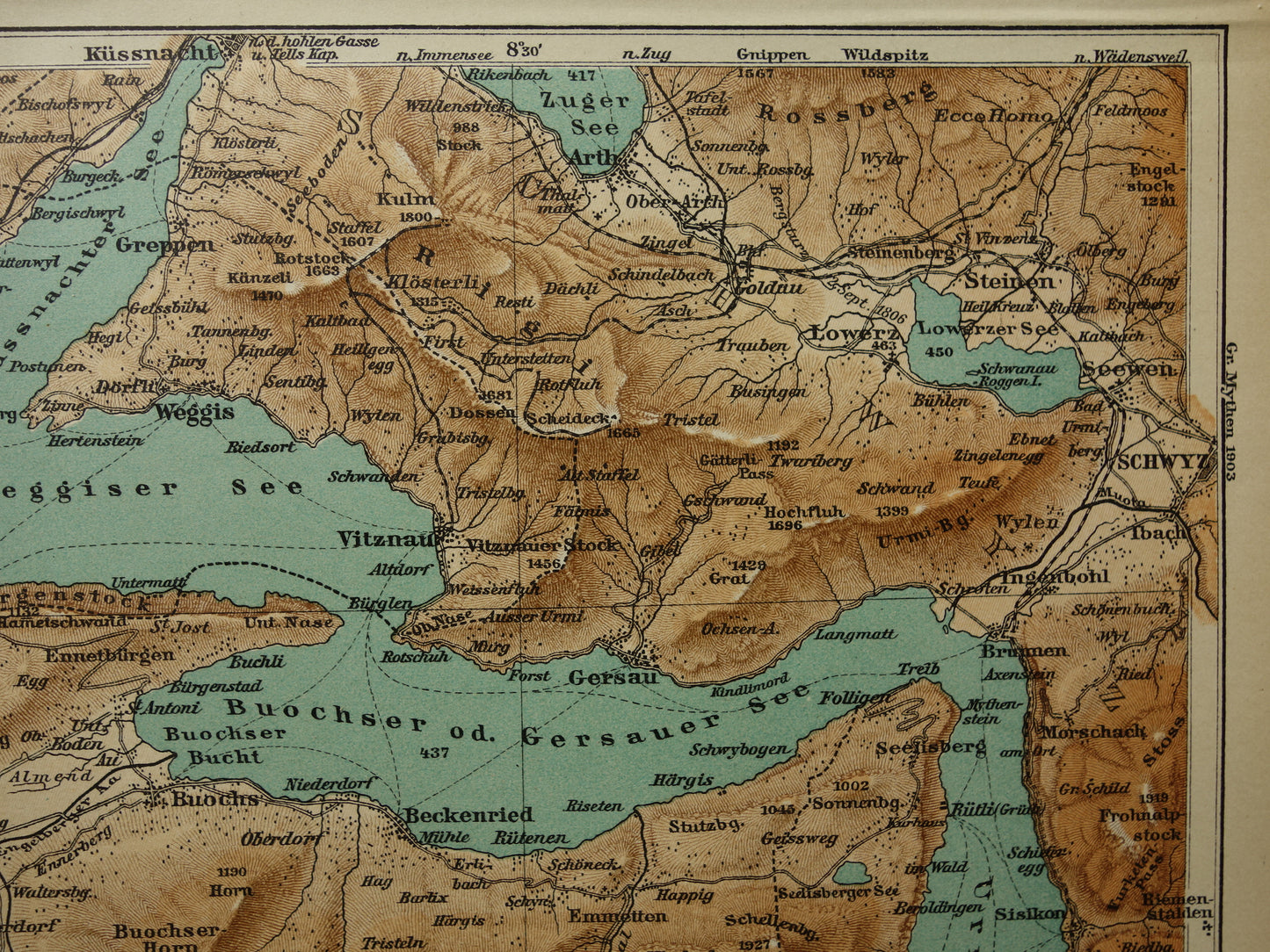Vierwaldstättersee oude kaart uit het jaar 1907 originele antieke kaarten Zwitserland Lake Lucerne vintage landkaart Vierwoudstrekenmeer