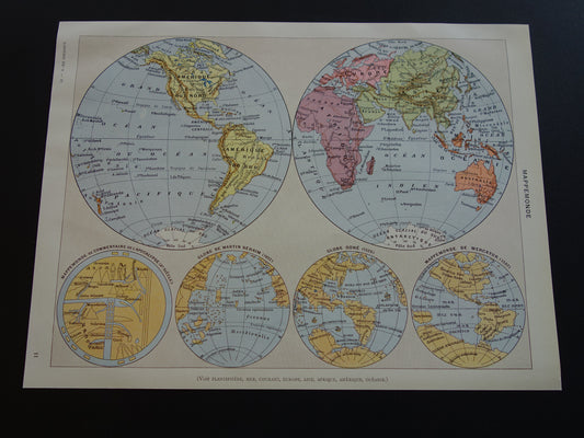 Vintage wereldkaart uit 1932 originele oude kaart van de wereld met historische kaarten Mercator Doré en Behaim